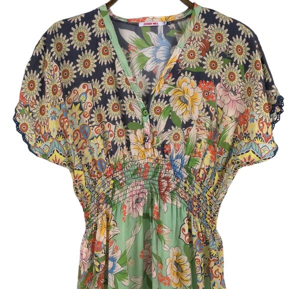 Johnny Was Floral Silk Midi Dress with Smocked Waist - Picture 4 of 10